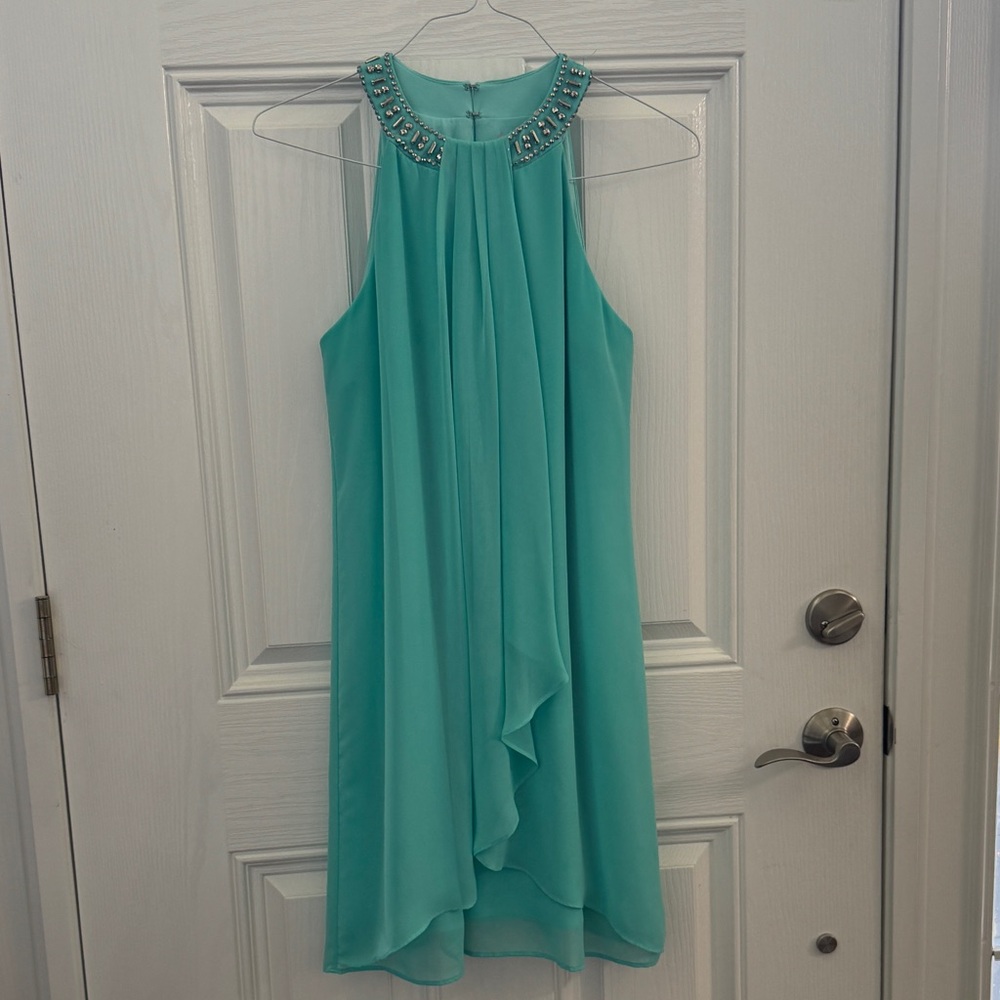 Sleeveless Turquoise Dress with Embellished Neckline